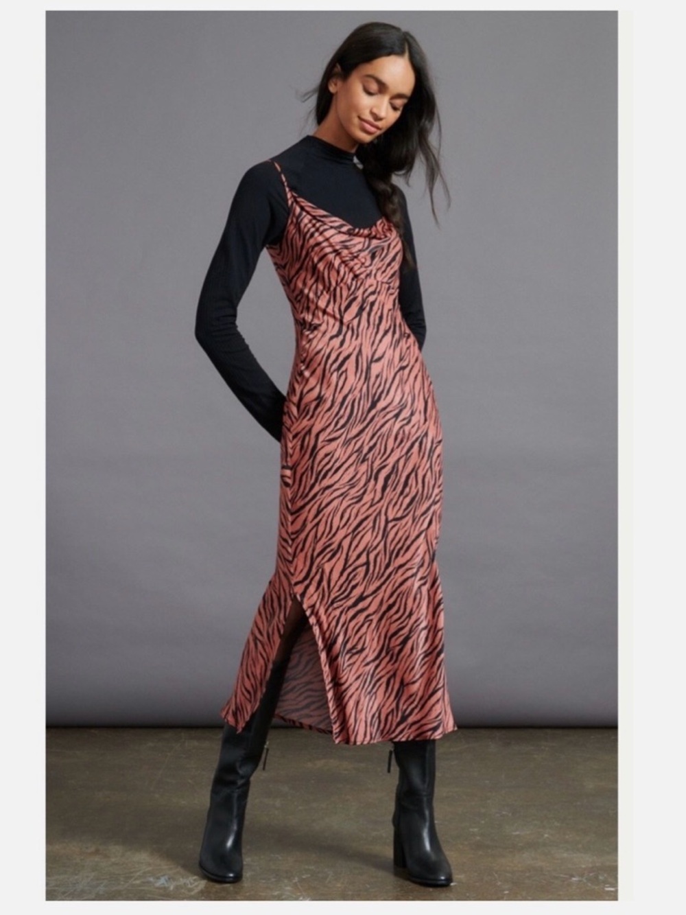 Anthropologie Elyse Zebra Print Bias Satin Slip Dress Sz Large